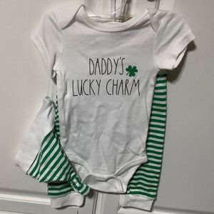NWT Rae Dunn 6-9 month Daddy’s Lucky Charm  St. Patrick’s 3 piece outfit